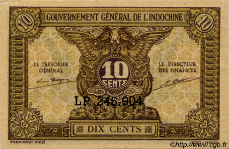 10 Cents FRENCH INDOCHINA  1943 P.089 AU