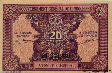 20 Cents FRENCH INDOCHINA  1943 P.090 AU