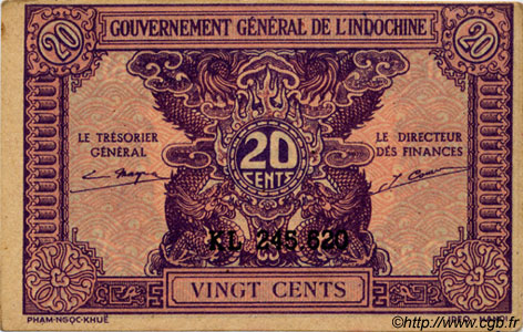 20 Cents FRENCH INDOCHINA  1943 P.090 AU