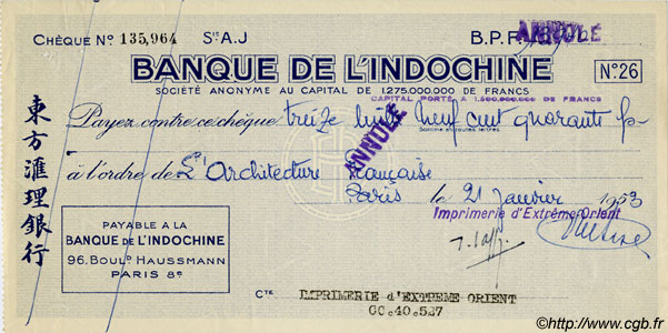 (100 Francs - 100 Piastres) Annulé INDOCHINA  1953 P.- EBC+