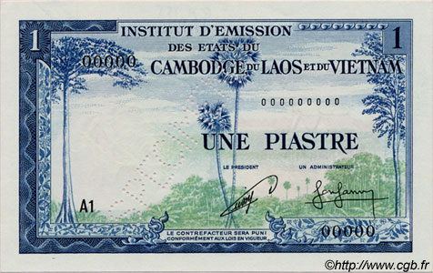 1 Piastre - 1 Riel Spécimen FRENCH INDOCHINA  1954 P.094s UNC