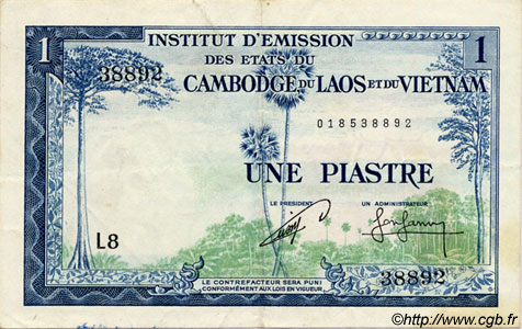 1 Piastre - 1 Riel FRENCH INDOCHINA  1954 P.094 VF+