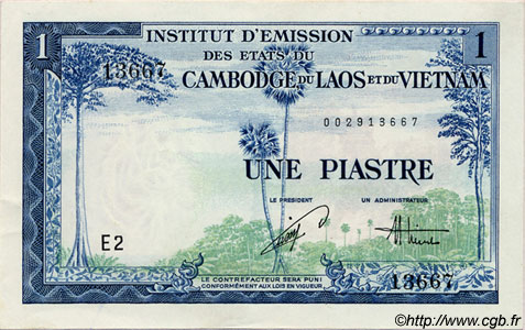 1 Piastre - 1 Dong FRENCH INDOCHINA  1954 P.105 AU+