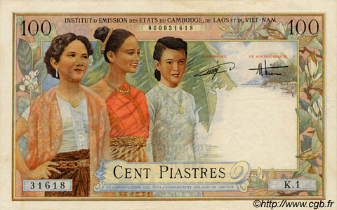 100 Piastres - 100 Dong INDOCINA FRANCESE  1954 P.108 SPL