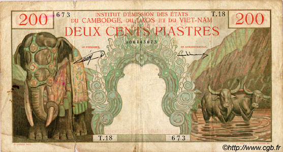 200 Piastres - 200 Riels INDOCINA FRANCESE  1953 P.098 q.MB