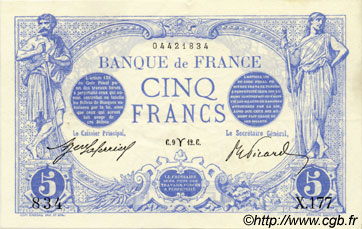 5 Francs BLEU FRANCIA  1912 F.02.03 EBC