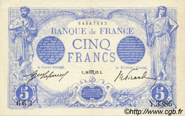 5 Francs BLEU FRANKREICH  1913 F.02.21 VZ