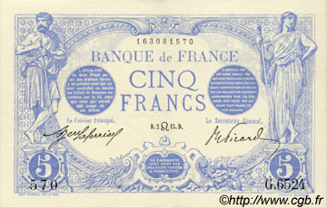 5 Francs BLEU FRANKREICH  1915 F.02.29 fST+