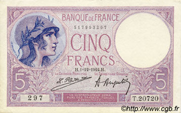 5 Francs FEMME CASQUÉE FRANCE  1924 F.03.08 AU