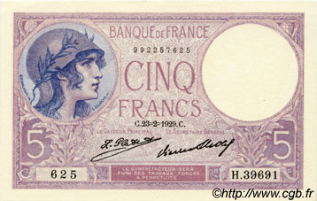 5 Francs FEMME CASQUÉE FRANCE  1929 F.03.13 UNC-