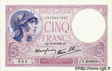 5 Francs FEMME CASQUÉE modifié FRANCE  1939 F.04.06 UNC-
