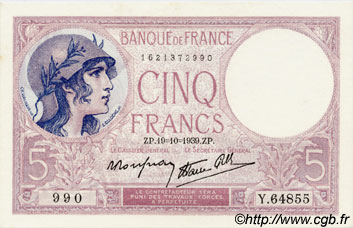 5 Francs FEMME CASQUÉE modifié FRANKREICH  1939 F.04.12 fST+