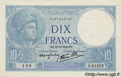 10 Francs MINERVE modifié FRANKREICH  1940 F.07.24 fST+