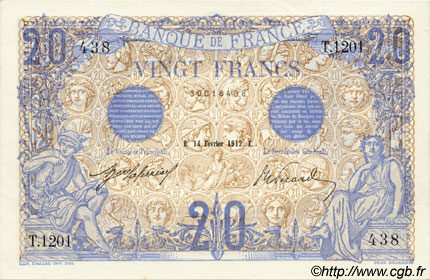 20 Francs BLEU FRANCIA  1912 F.10.02 AU+