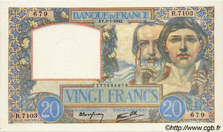 20 Francs TRAVAIL ET SCIENCE FRANCE  1942 F.12.21 AU+