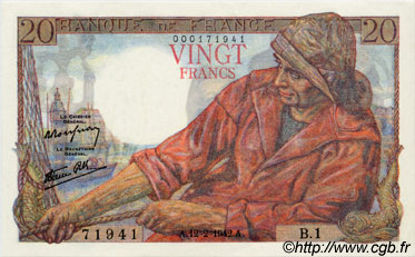 20 Francs PÊCHEUR FRANCE  1942 F.13.01 UNC