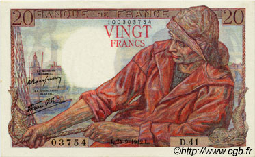 20 Francs PÊCHEUR FRANKREICH  1942 F.13.03 fST+