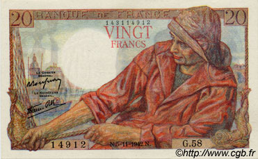 20 Francs PÊCHEUR FRANCE  1942 F.13.04 XF+