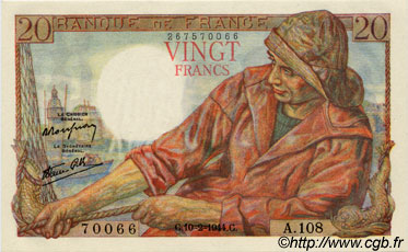 20 Francs PÊCHEUR FRANCIA  1944 F.13.08 FDC