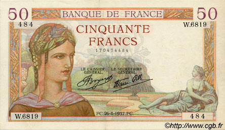 50 Francs CÉRÈS modifié FRANCIA  1937 F.18.02 SPL+