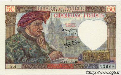 50 Francs JACQUES CŒUR FRANCE  1940 F.19.01 UNC-