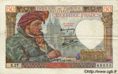 50 Francs JACQUES CŒUR FRANCIA  1940 F.19.04 MBC+