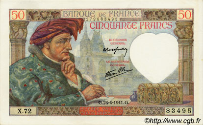 50 Francs JACQUES CŒUR FRANCE  1941 F.19.09 AU+