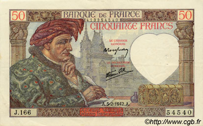 50 Francs JACQUES CŒUR FRANCE  1942 F.19.19 XF-