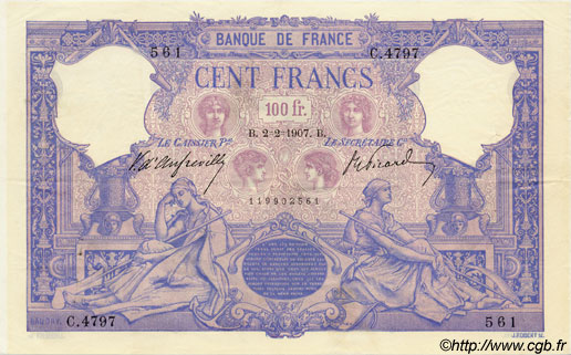 100 Francs BLEU ET ROSE FRANCIA  1907 F.21.22 EBC+