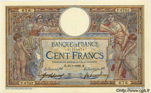 100 Francs LUC OLIVIER MERSON sans LOM FRANCE  1920 F.23.12 XF+