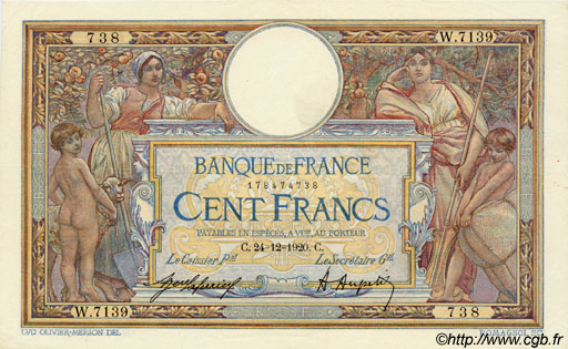 100 Francs LUC OLIVIER MERSON sans LOM FRANKREICH  1920 F.23.13 VZ+