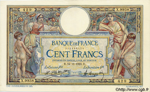 100 Francs LUC OLIVIER MERSON sans LOM FRANCE  1923 F.23.16 XF