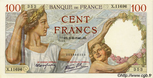 100 Francs SULLY FRANCIA  1940 F.26.31 q.FDC