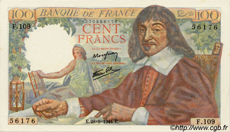 100 Francs DESCARTES FRANCIA  1944 F.27.07 q.FDC