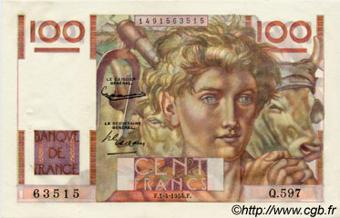 100 Francs JEUNE PAYSAN FRANCIA  1954 F.28.43 SPL a AU