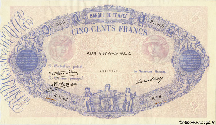 500 Francs BLEU ET ROSE FRANCIA  1931 F.30.34 SPL