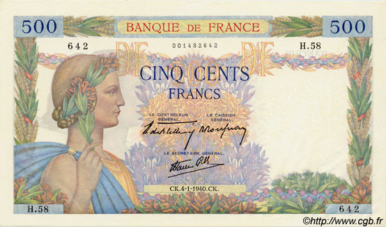 500 Francs LA PAIX FRANKREICH  1940 F.32.01 fST