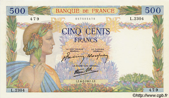 500 Francs LA PAIX FRANKREICH  1941 F.32.14 ST