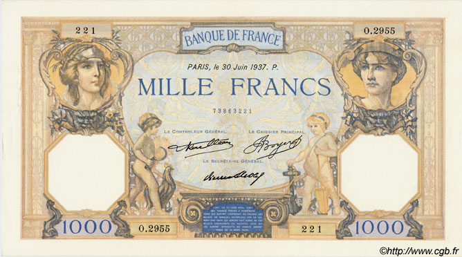 1000 Francs CÉRÈS ET MERCURE FRANCIA  1937 F.37.10 SC