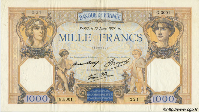 1000 Francs CÉRÈS ET MERCURE type modifié FRANKREICH  1937 F.38.02 fVZ