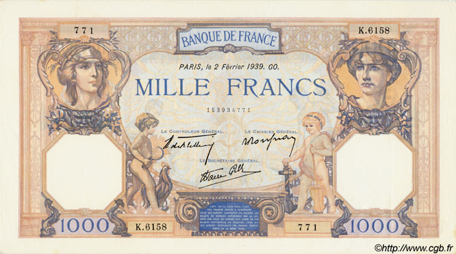1000 Francs CÉRÈS ET MERCURE type modifié FRANCIA  1939 F.38.34 q.FDC