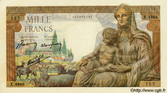1000 Francs DÉESSE DÉMÉTER FRANCE  1943 F.40.22 UNC