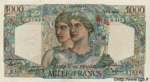 1000 Francs MINERVE ET HERCULE FRANKREICH  1948 F.41.20x VZ+