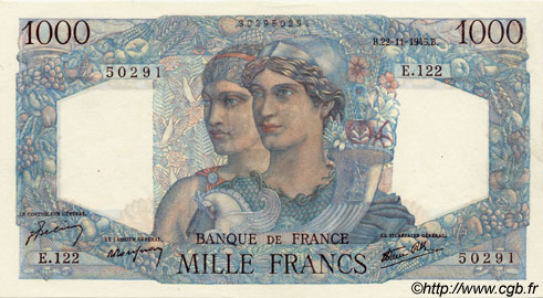 1000 Francs MINERVE ET HERCULE FRANKREICH  1945 F.41.08 ST