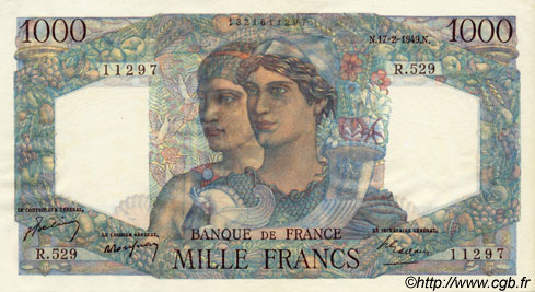 1000 Francs MINERVE ET HERCULE FRANCE  1949 F.41.25 AU+