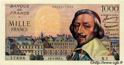 1000 Francs RICHELIEU FRANCE  1953 F.42.01 UNC