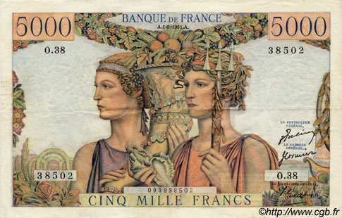 5000 Francs TERRE ET MER FRANKREICH  1951 F.48.03 VZ