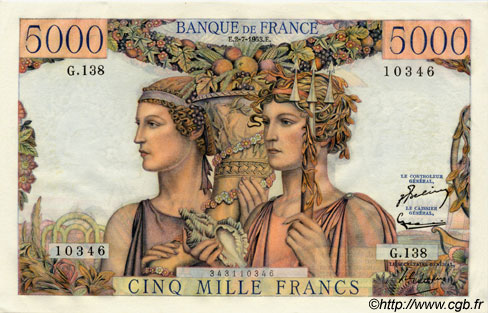5000 Francs TERRE ET MER FRANKREICH  1953 F.48.09 fST+