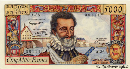 5000 Francs HENRI IV FRANCE  1958 F.49.05 pr.NEUF