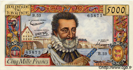 5000 Francs HENRI IV FRANCIA  1958 F.49.06 AU